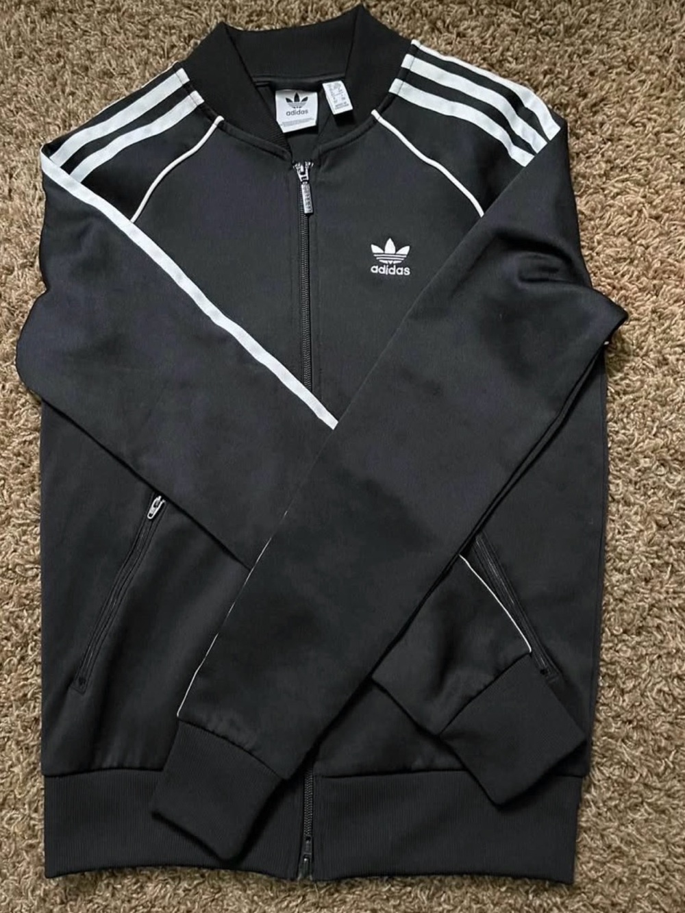 Adidas Black Zip-Up Track Jacket with White Stripes Size XS